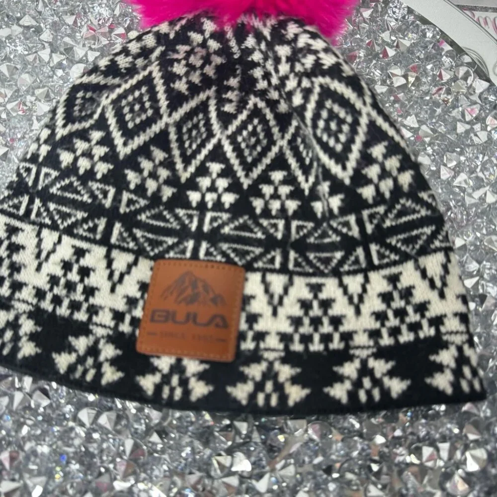 Hat toque winter warm cozy knit Black and White Knit Beanie with Pink Pom